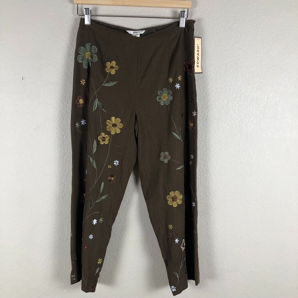 Edward Pants Women 6 Brown Linen‎ Blend Floral Embroidered Straight Cruisewear